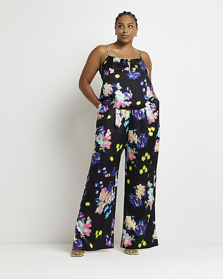 Plus black floral wide leg trousers | River Island (US)