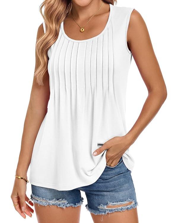 JOELLYUS Womens Tank Tops Loose Fit Casual Sleevesless Pleated Blouses Summer Flowy Outfits 2026 | Amazon (US)