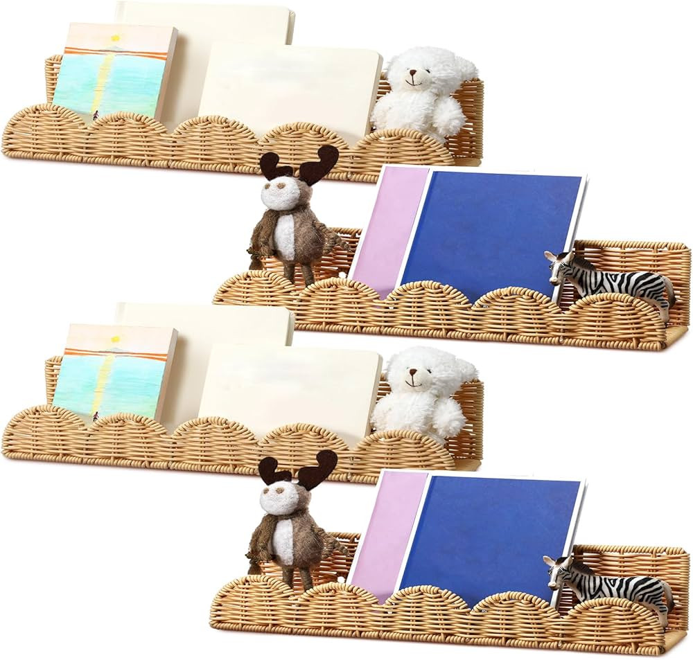 Pinkunn 4 Pcs Nursery Book Shelves 15.8 Inch Rattan Scalloped Floating Bookshelves Wicker Boho Bo... | Amazon (US)