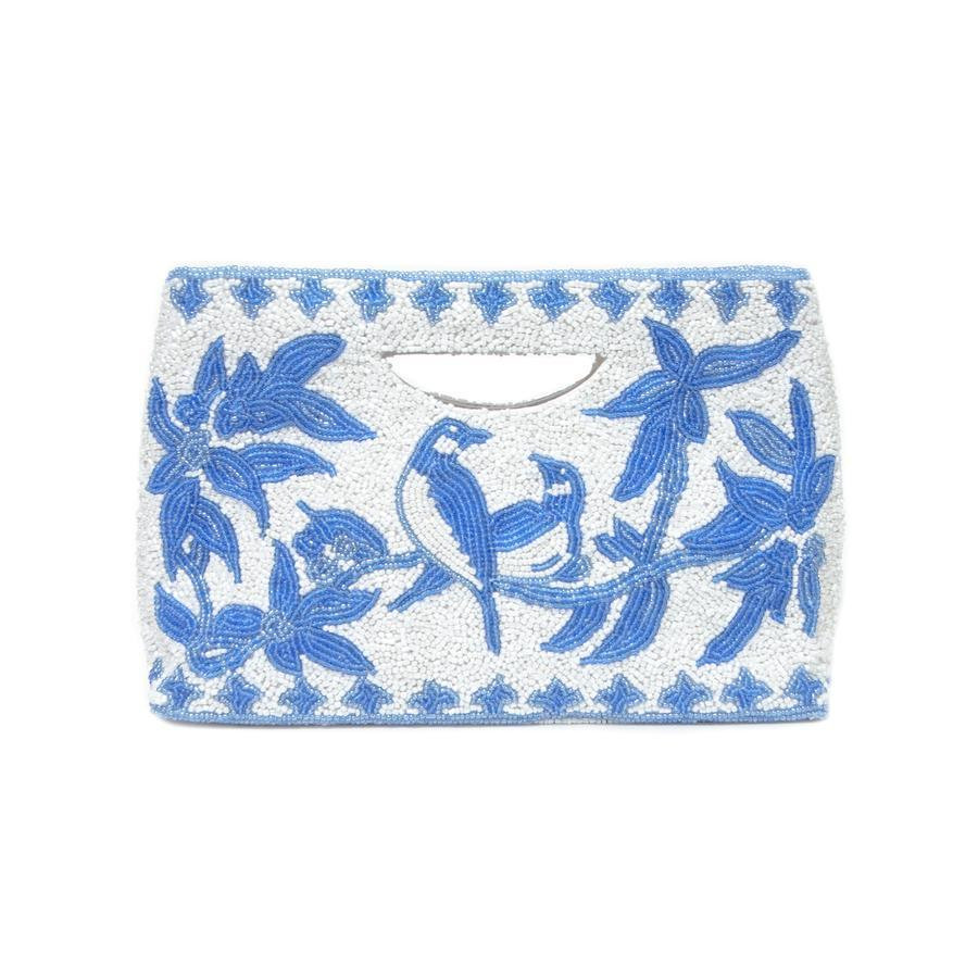 Blue & White Beaded Bird Motif Handbag With Gusset | The Well Appointed House, LLC