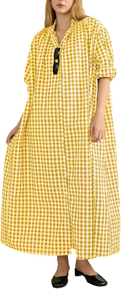 Chunoy Women's Checker Pattern Button Down Dresses Long Sleeve Plaid Cover Up Dress | Amazon (US)