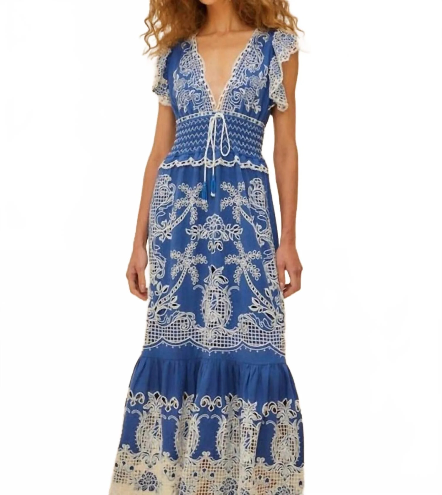 Romantic Richelieu Maxi Dress In Blue | Shop Simon
