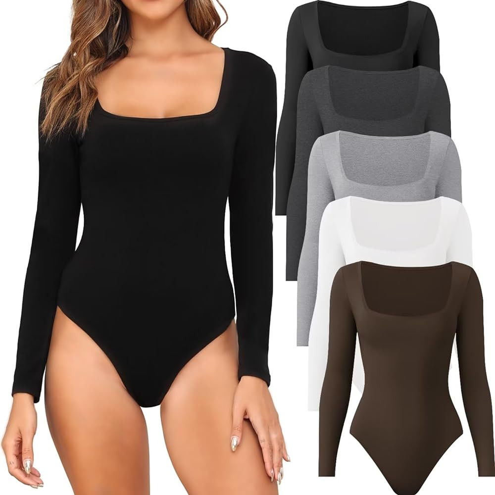 CE' CERDR 4/5 Pack Long Sleeve Bodysuits for Women Square Neck Body Suit Stretchy Tops | Amazon (US)
