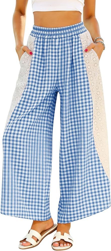 Athlisan Womens Summer Striped Gingham Wide Leg Lounge Pants Elastic Waist Beach Palazzo Trousers... | Amazon (US)