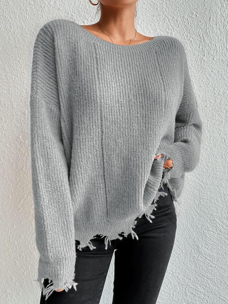 SKAYS Women's Green Distressed Drop Shoulder Boat Neck Ribbed Knit Fringe Sweater Pullover | Amazon (US)