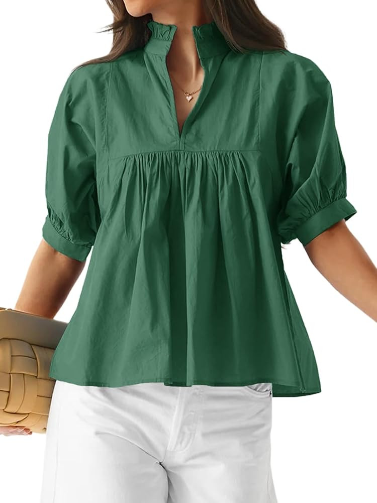 Cicy Bell Womens Puff Sleeve V Neck Blouse Babydoll Peplum Tops Dressy Casual Pleated Loose Fit S... | Amazon (US)