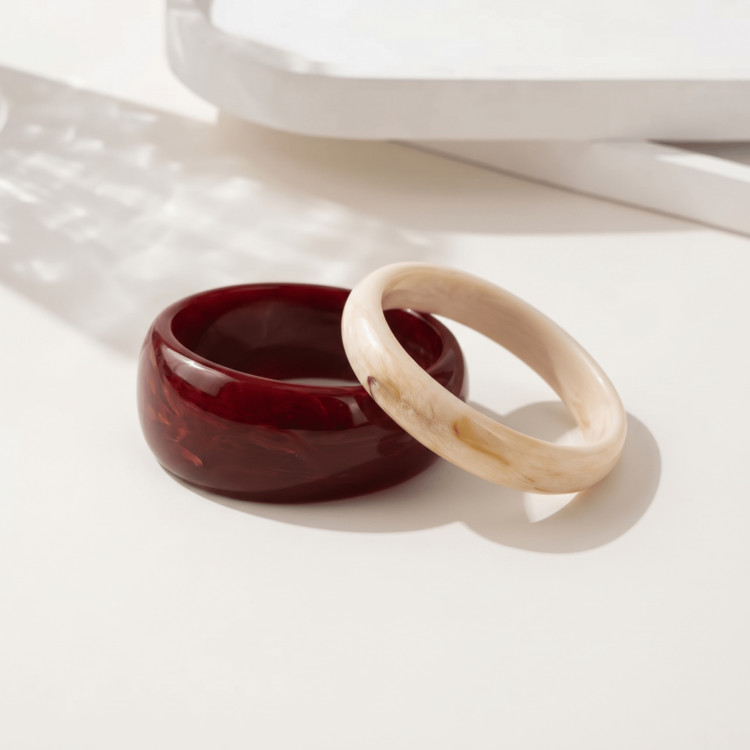 2pcs/Set Burgundy & Beige Textured Wide Resin Bracelets, Fashion Vintage Stackable Daily Women's ... | SHEIN