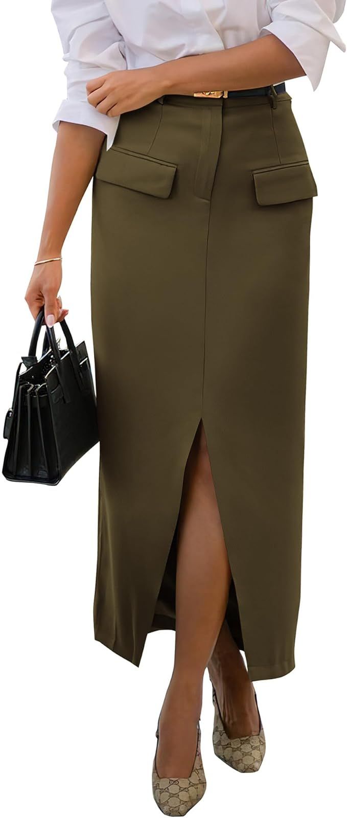 BTFBM Women High Waisted Maxi Skirt Trendy Summer Slim Business Casual Dresses Decorative Pocket ... | Amazon (US)