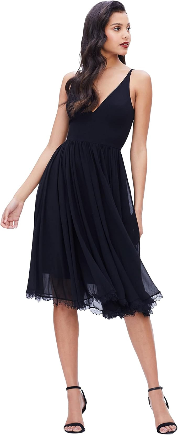 Dress the Population Women's Alicia Plunging Mix Media Sleeveless Fit and Flare Midi Dress | Amazon (US)