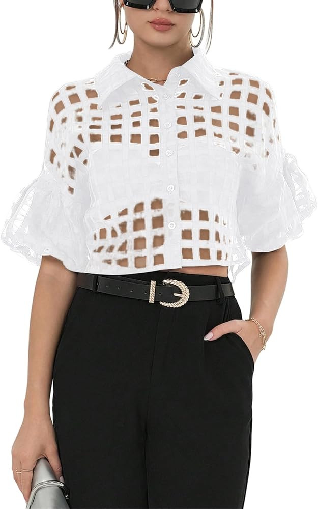 Floerns Women's Button Down Sheer Mesh Short Sleeve Collared Neck Crop Blouse Shirts | Amazon (US)