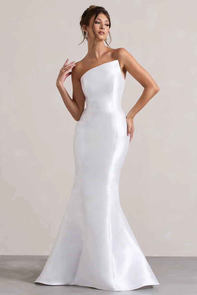 Define  White Satin Asymmetric Fishtail Maxi Dress | Club L London