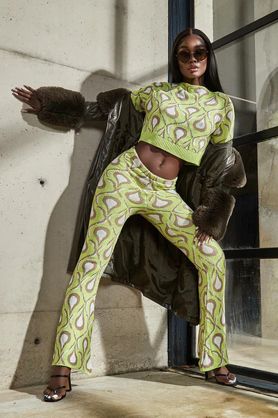 Lime Green Slash Neck 70'S Teardrop Print Jumper | ISAWITFIRST UK