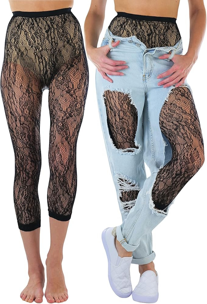 ToBeInStyle Women's Floral Lace Fishnet Tights Footless & Stirrup Design | Amazon (US)