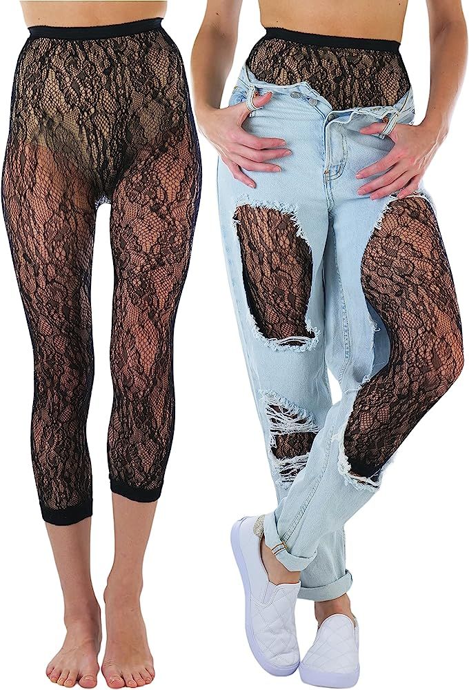 ToBeInStyle Women's Floral Lace Fishnet Tights Footless & Stirrup Design | Amazon (US)