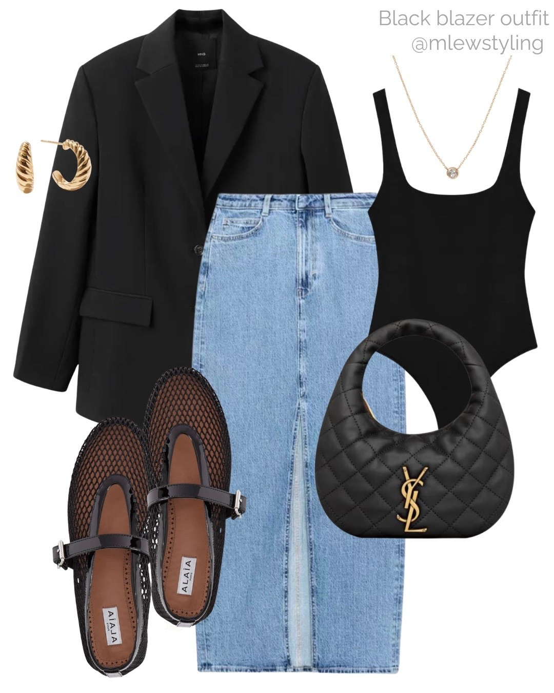 Black blazer & a denim maxi skirt 🖤

Tags: spring outfit, Zara bodysuit, Alaia mesh ballet flats, ysl quilted handbag, quince gold earrings, mango blacker, spring office outfit, capsule wardrobe 

#LTKootd #LTKWorkwear #LTKgrwm