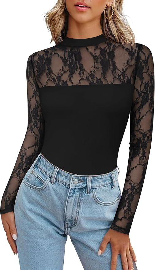 Zeagoo Long Sleeve Shirts for Women Lace Summer Sexy Crew Neck Tops Sheer Mesh Slim Blouse Trendy... | Amazon (US)