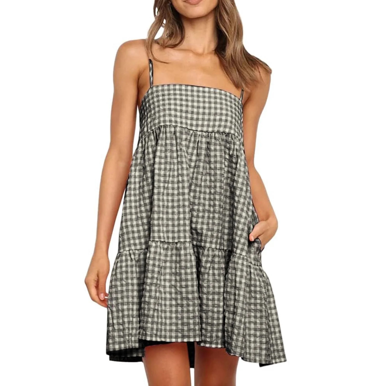 Vetsdori Womens Sleeveless Mini Dresses Beach Sundress Slip Dress Casual Tank,Summer Plaid Pleated Dress for Ladies Square Neckline | Walmart (US)