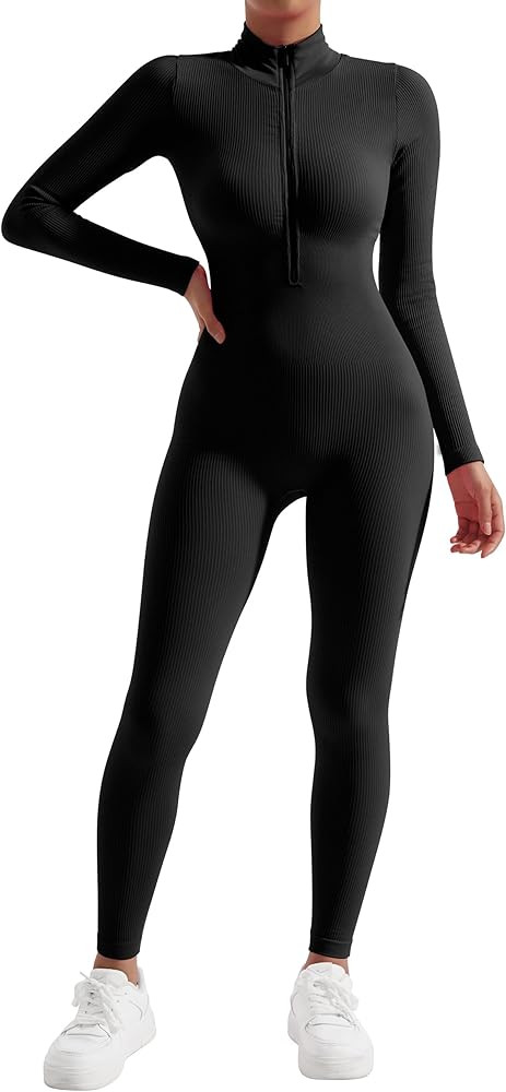 DOULAFASS Unitards for Women Ribbed Jumpsuit Long Sleeve Zip Up Jumpsuit Seamless Yoga Romper All... | Amazon (UK)