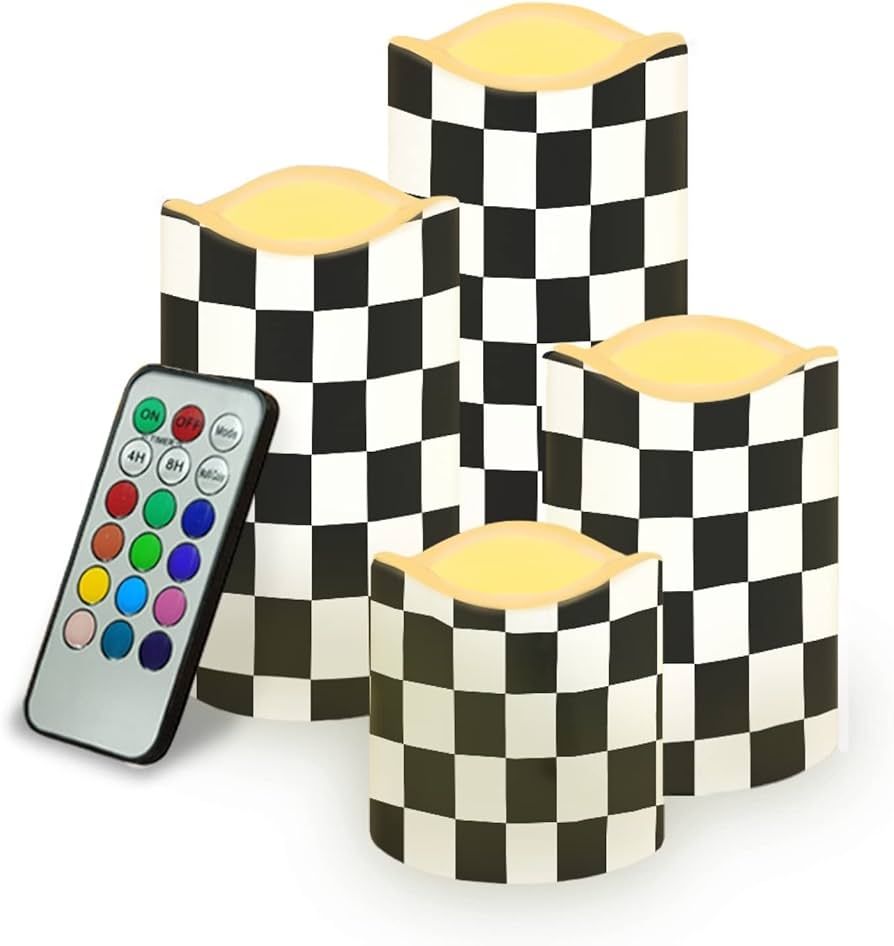 Emoming Black Checkered Pattern Flameless Candles Battery Operated Candles 4pcs Pillar Fake LED Cand | Amazon (US)