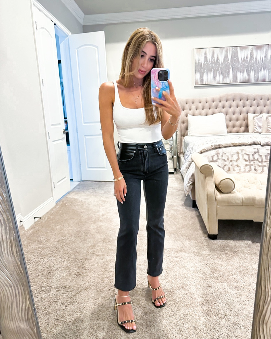 Black denim jeans size 24s white ribbed bodysuit Xs code AFBELBEL black studded heels amazon finds 

#LTKunder50 #LTKunder100 #LTKsalealert