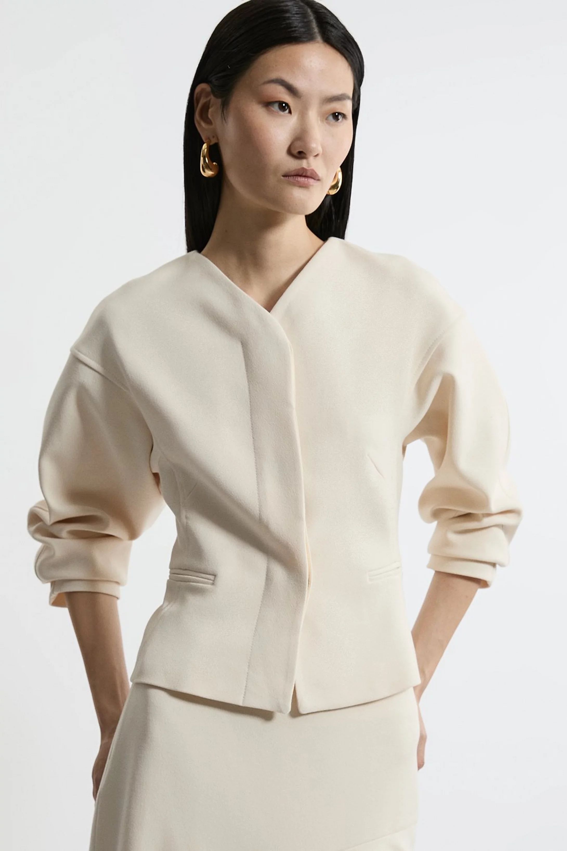 Structured Crepe Tailored Collarless Jacket | Karen Millen UK + IE + DE + NL