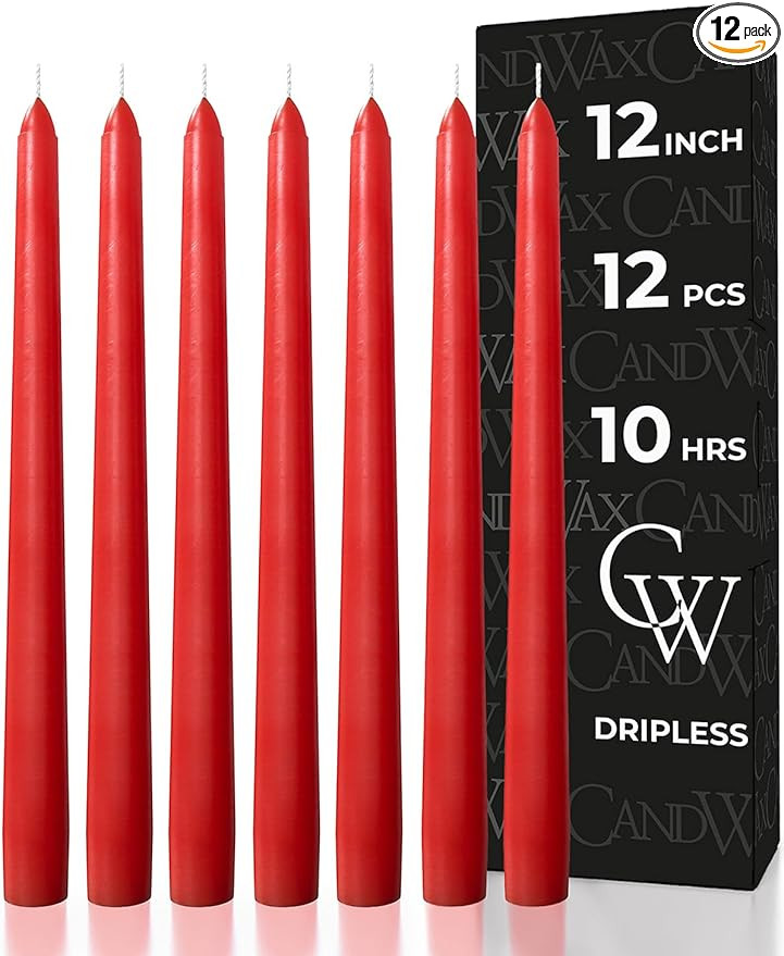 CANDWAX 12 inch Red Taper Candles Set of 12 - Dripless and Long Burning Red Candlesticks - Perfec... | Amazon (US)