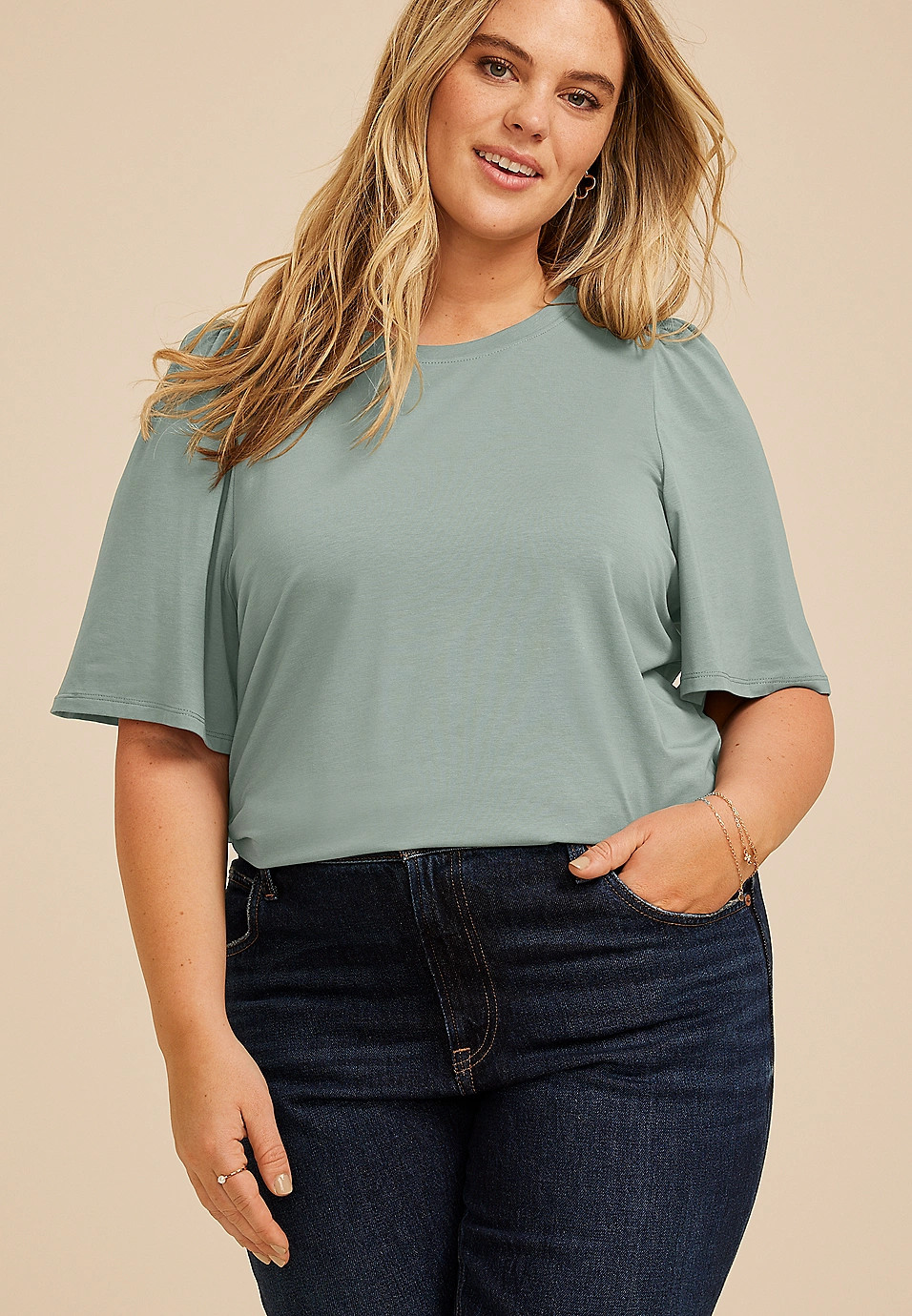 Plus Size Solid Flutter Sleeve Tee | Maurices