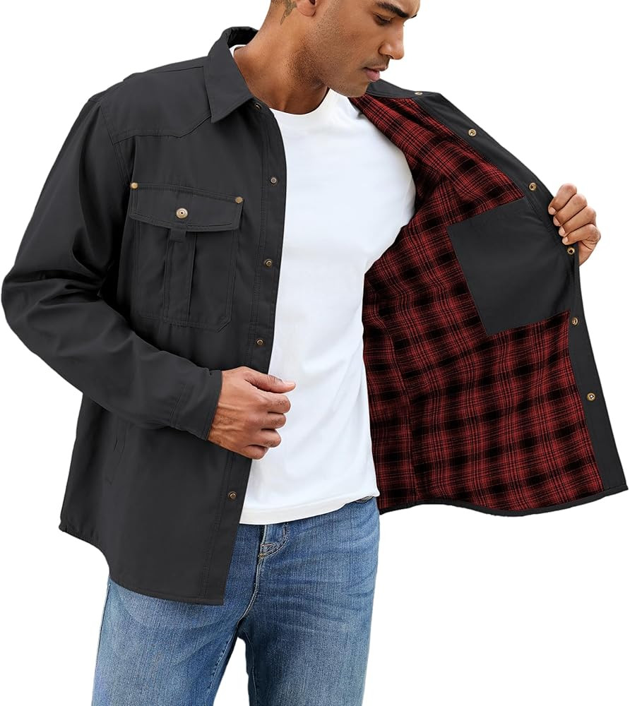 Mens Flannel Linend Shirts Jacket Lightweight Plaid Jackets Snap Button Rugged Western Winter Cow... | Amazon (US)