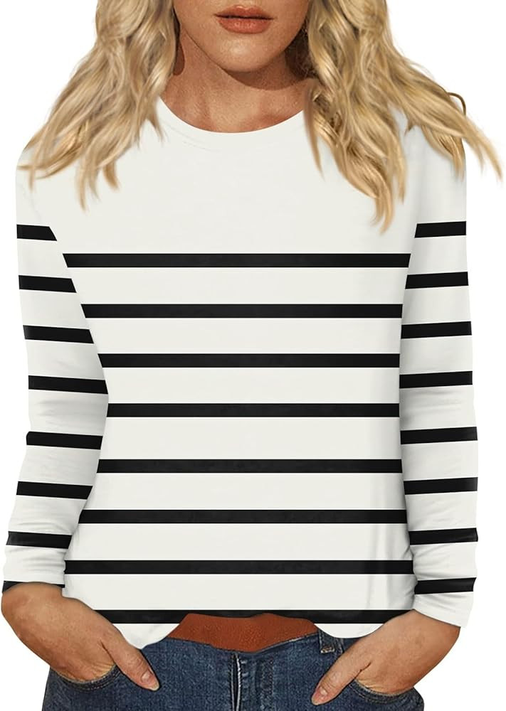 Womens Shirts Fall Oversized Striped - Long Sleeve Cerwneck Loose Fit Tops 2025 Trendy Comfortabl... | Amazon (US)