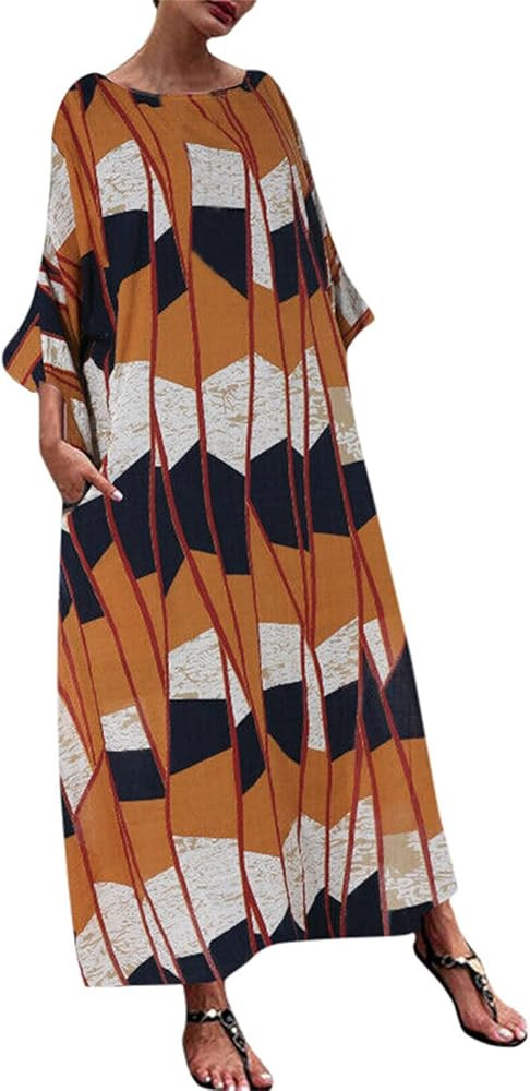 Womens Maxi Size Loose Casual Dress Printed Kaftan Dresses Long Fashion Splice Linen Women's Dress w | Amazon (US)