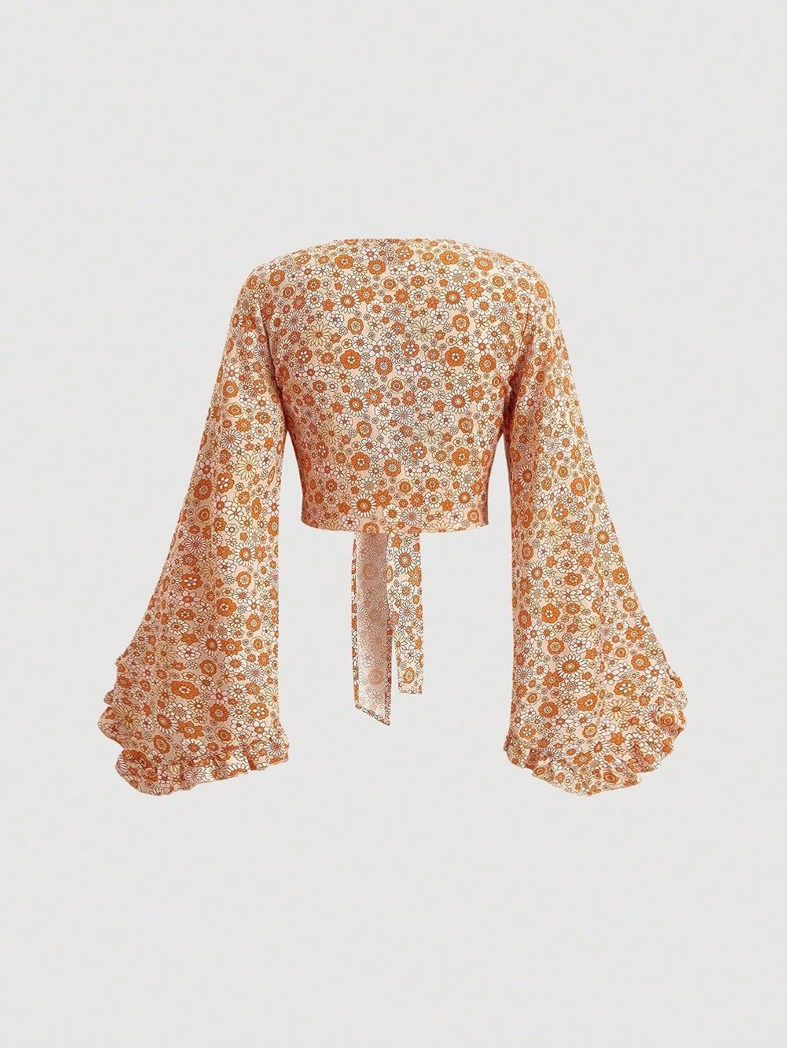 Verdusa Women's 70s Floral Print Tie Front Blouse Bell Long Sleeve V Neck Crop Top | Amazon (US)