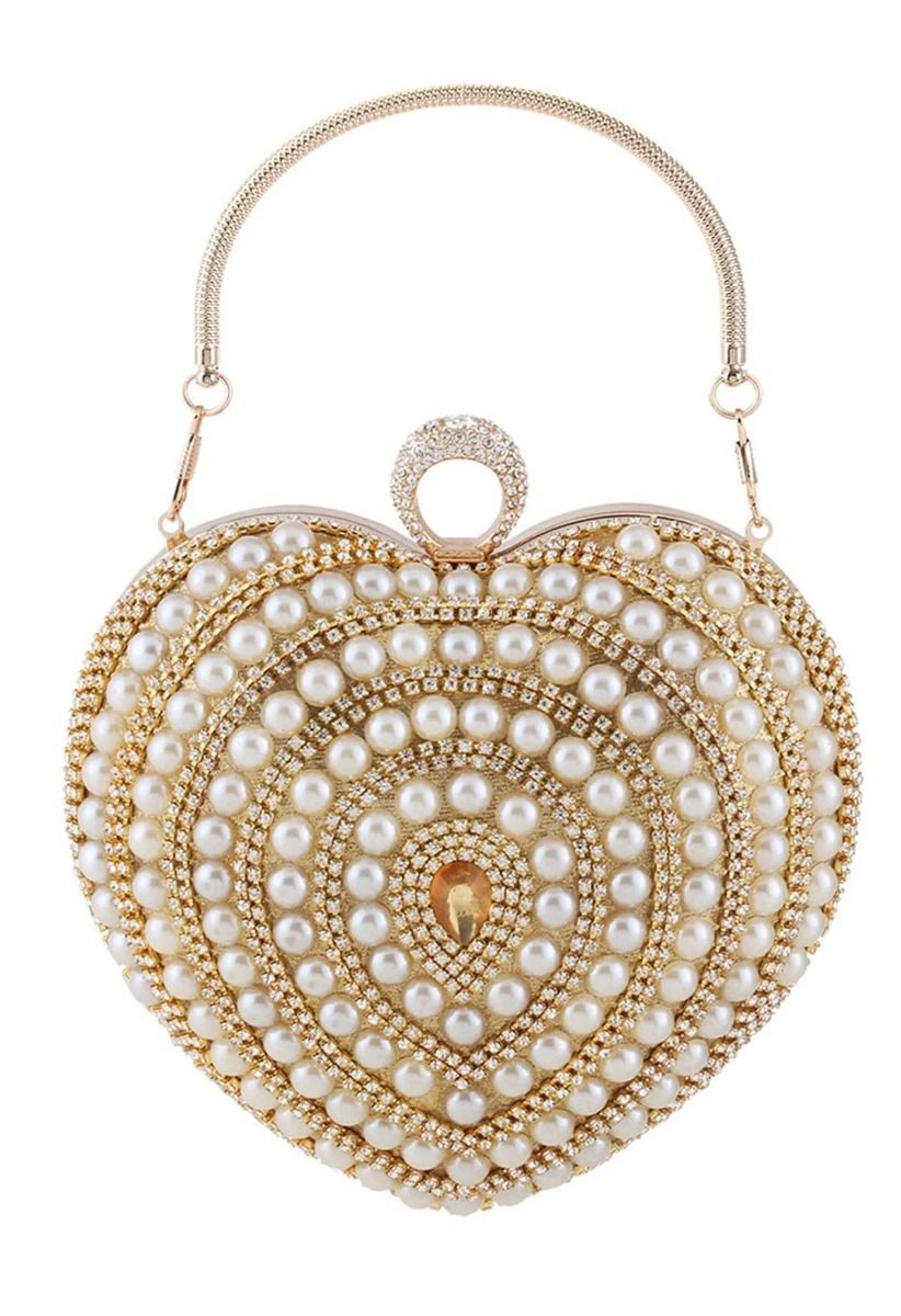 Heart Shape Pearl Decor Clutch in Gold | Chicwish