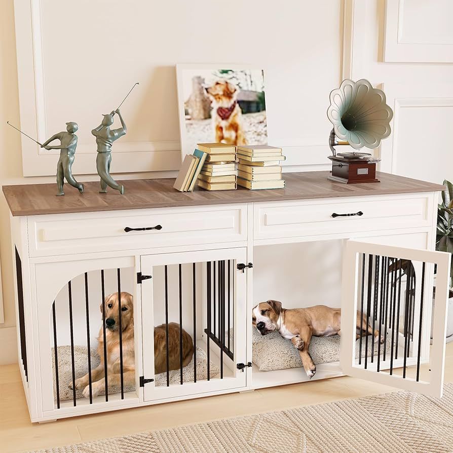 EBE Dog Crate Furniture, 74.8''Wooden Dog Crate with 2 Drawers and Removable Divider, Dog Kennel ... | Amazon (US)