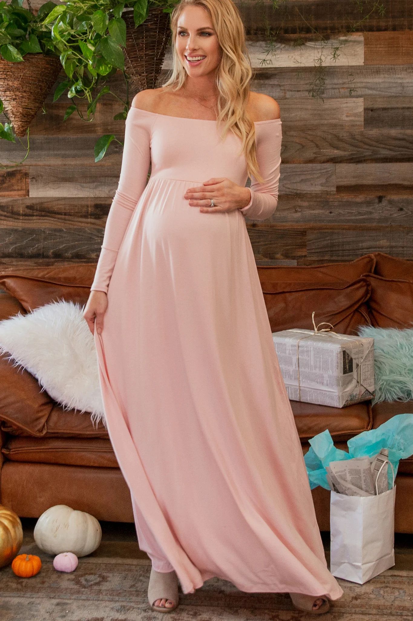 PinkBlush Petite Pink Solid Off Shoulder Maternity Maxi Dress | PinkBlush Maternity