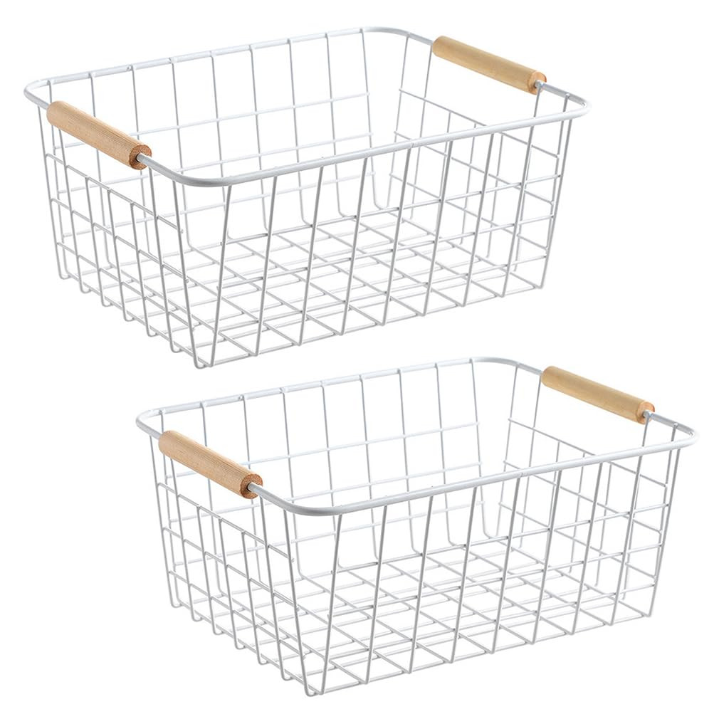 LeleCAT white wire baskets for organizing with Wooden Handles Storage Organizer Baskets, Househol... | Amazon (US)