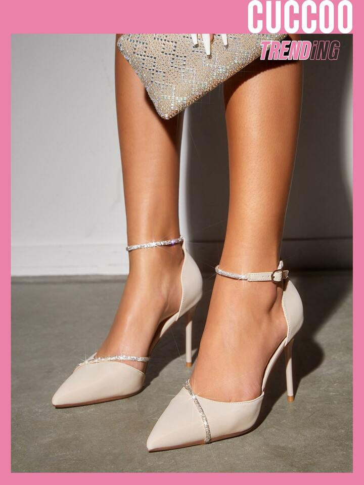 CUCCOO Trending Bombas de tira de tornozelo decoração de strass ponta do pé salto agulha | SHEIN