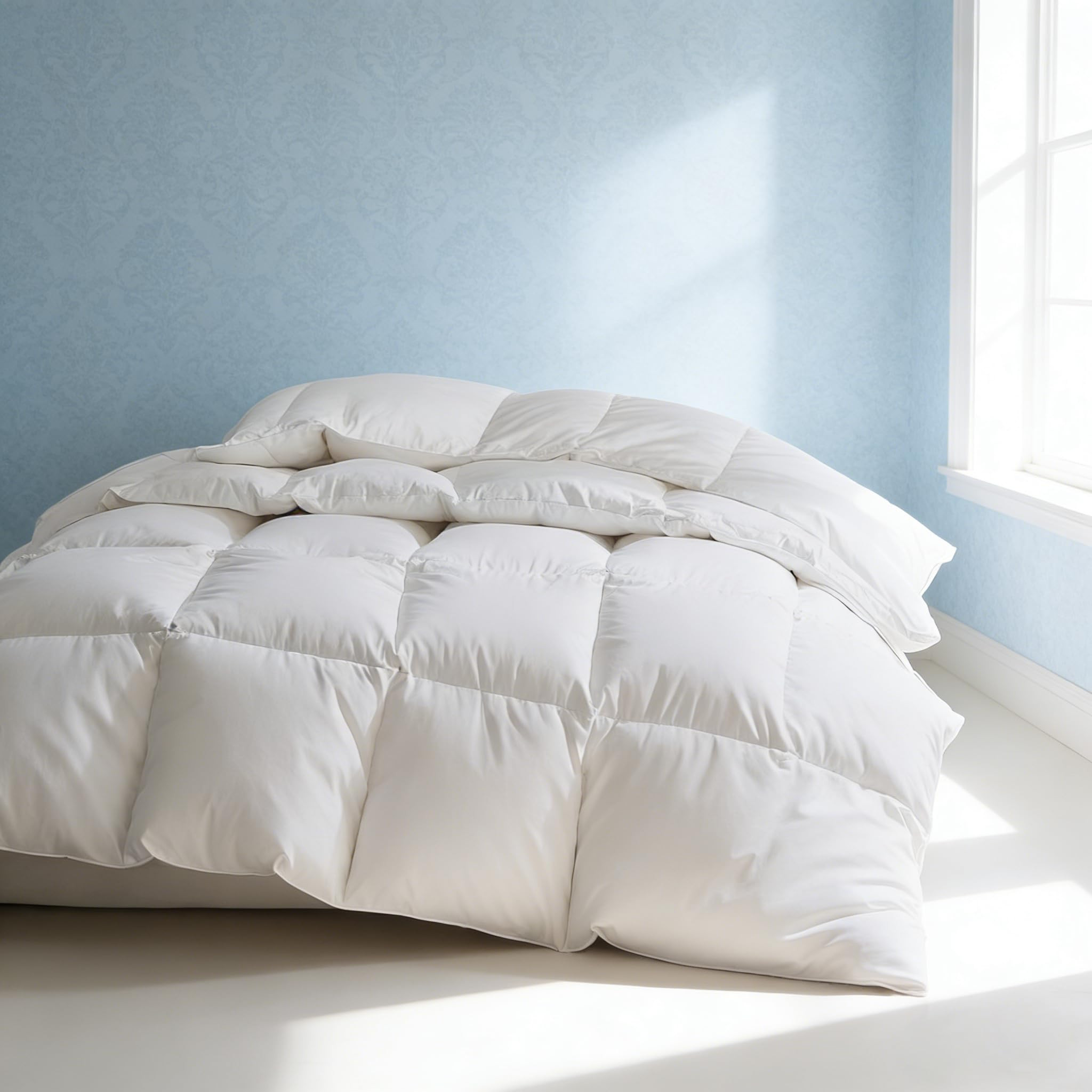 Martha Stewart Luxury White Goose Feathers Down Fiber Comforter Queen Size - Hotel Collection 100% Cotton Duvet Insert, Light Warmth with 8 Corner Tabs, Breathable, Hypoallergenic, 90 x 90 Inch | Amazon (US)