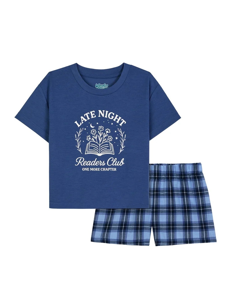 Wonder Nation Girls' Short Sleeve Graphic Tee and Flannel Boxer Short Pajama Set, 2-Piece, Sizes ... | Walmart (US)