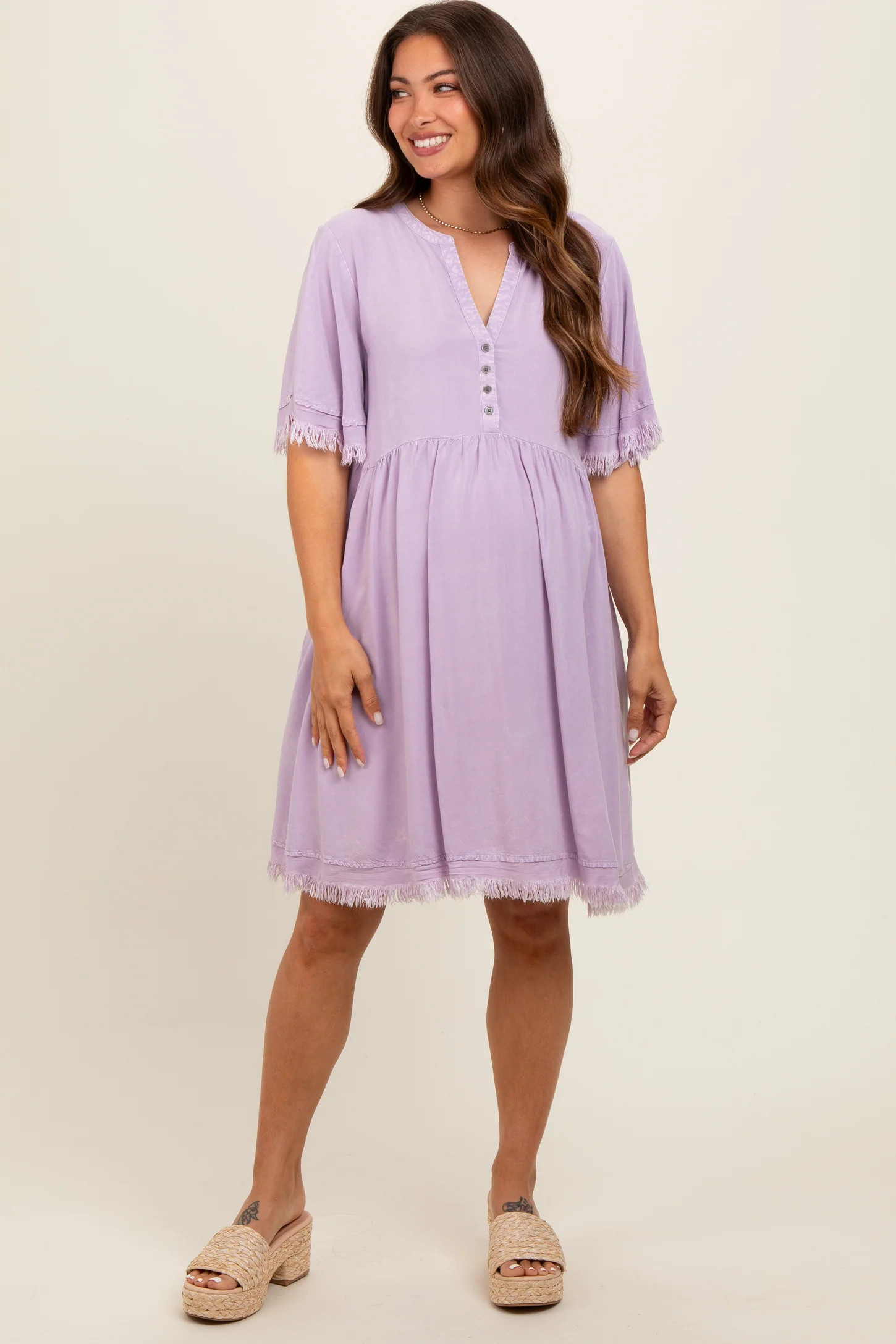 Lavender Button Front Frayed Maternity Dress | PinkBlush Maternity