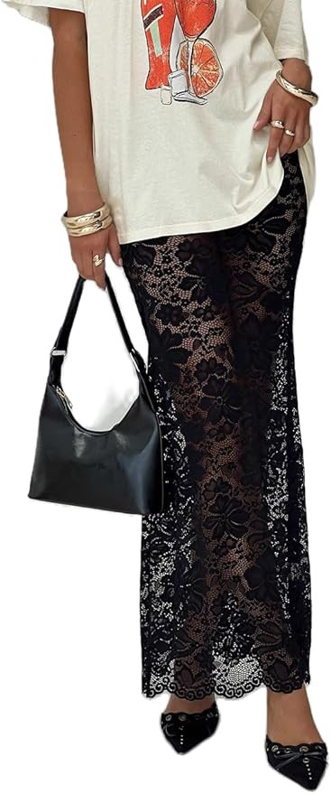 Women Lace Long Skirts Y2k Sheer Maxi Skirt Sexy See Through Beach Cover Up Long Skirt Streetwear | Amazon (US)