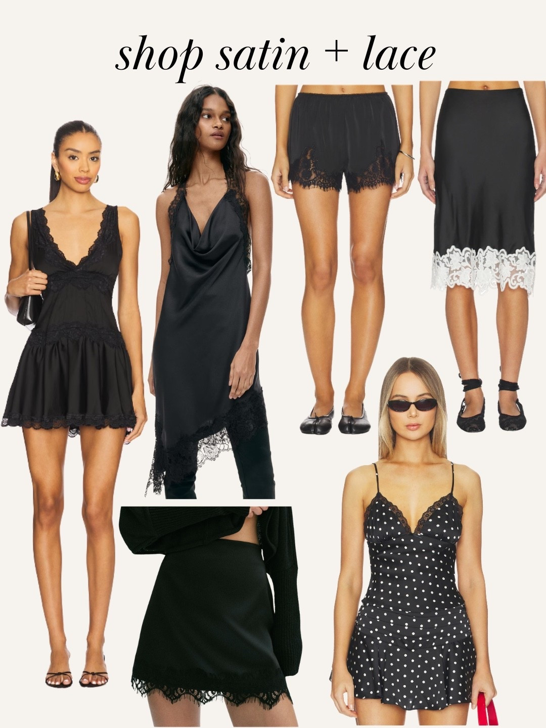 Satin and lace black styles! Black dress, date night, lace shirts, satin skirt

#LTKootd