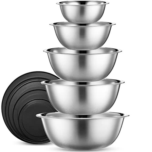 WHYSKO Stainless Steel Mixing Bowl Set, 10 Piece Stainless Steel Mixing Bowls with Lids Set for Food Prep Storage and Serving, Dishwasher Safe for Kitchen Baking Cooking, Silver | Amazon (US)