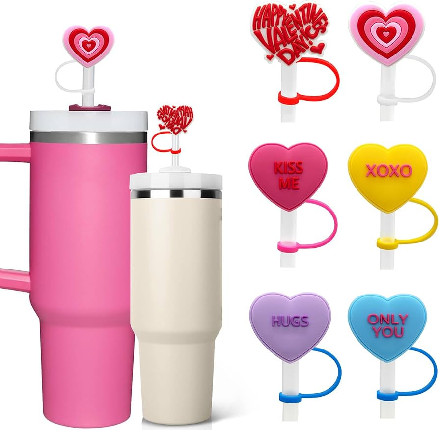 6Pcs Valentine's Day Straw Covers for Stanley Cup, Silicone Straw Topper Colorful Heart Straw Tip... | Amazon (US)