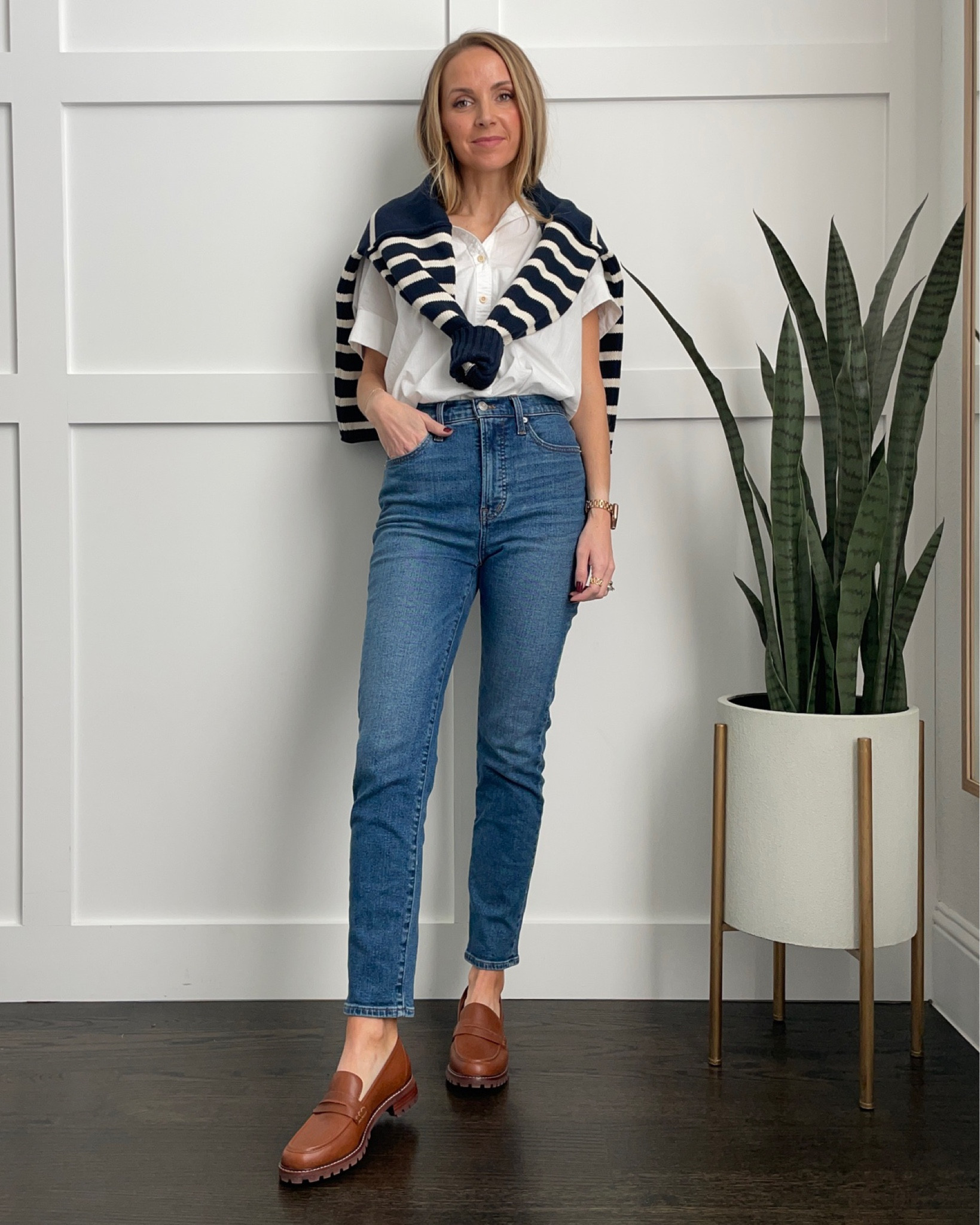 @madewell layered look with white button up and striped sweater with chunky loafers #Madewell #madewellpartner

#LTKSeasonal #LTKstyletip #LTKshoecrush