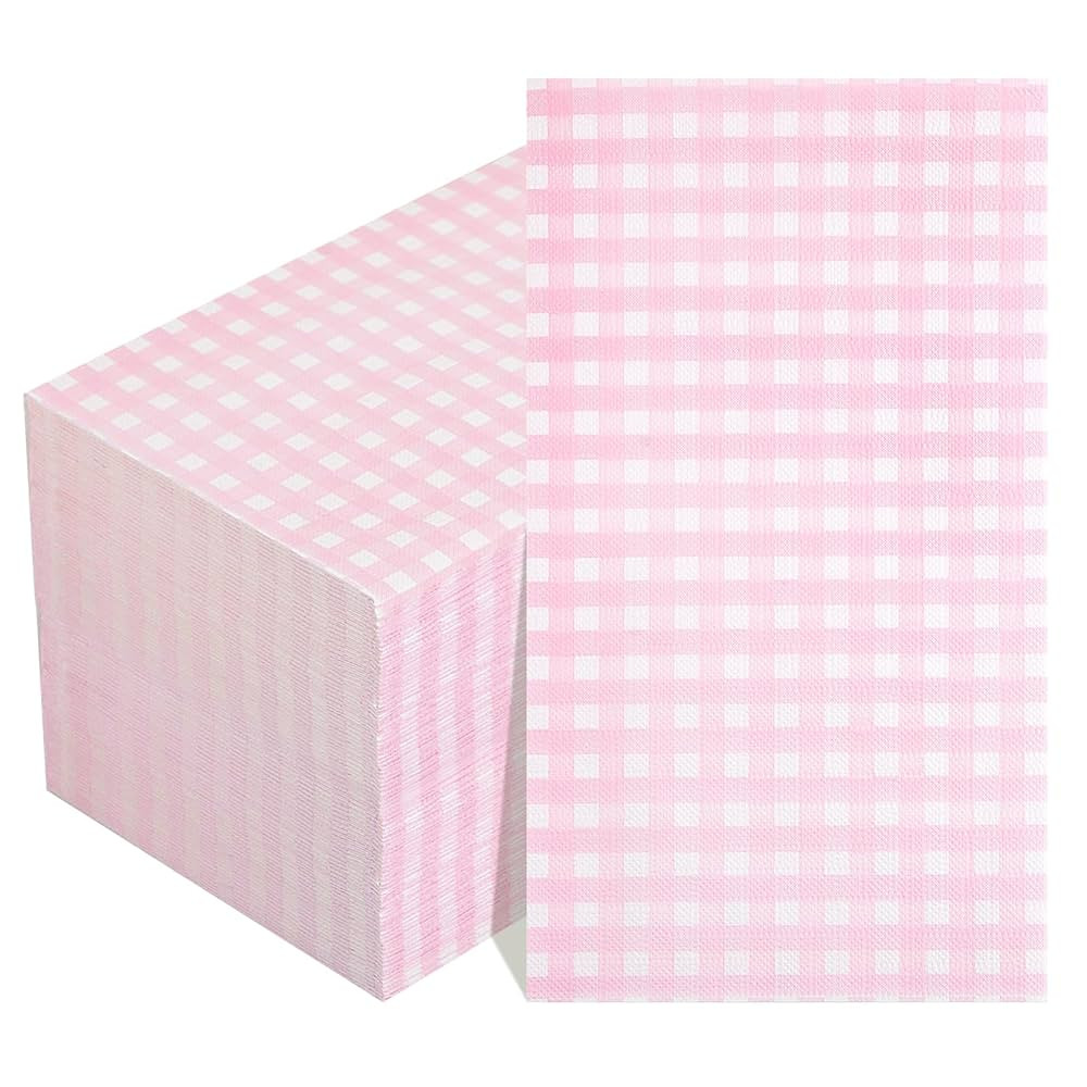 WDF 150Pack Pink Paper Napkins Gingham - 3 Ply Disposable Pink and White Checkered Napkins Guest,... | Amazon (US)