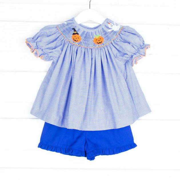 Smocked Halloween Royal Blue Gingham Short Set | Classic Whimsy