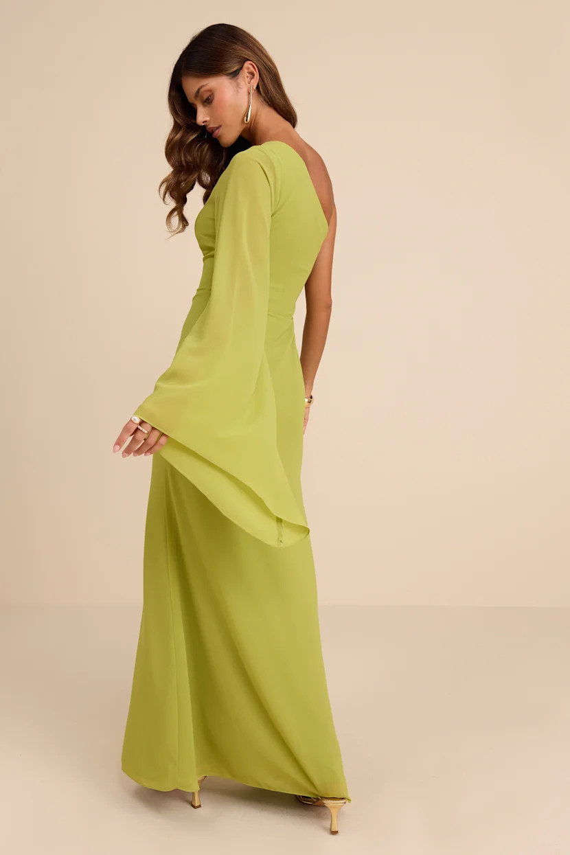 Elizabeth Lime Green One-Shoulder Bell Sleeve Maxi Dress | Lulus