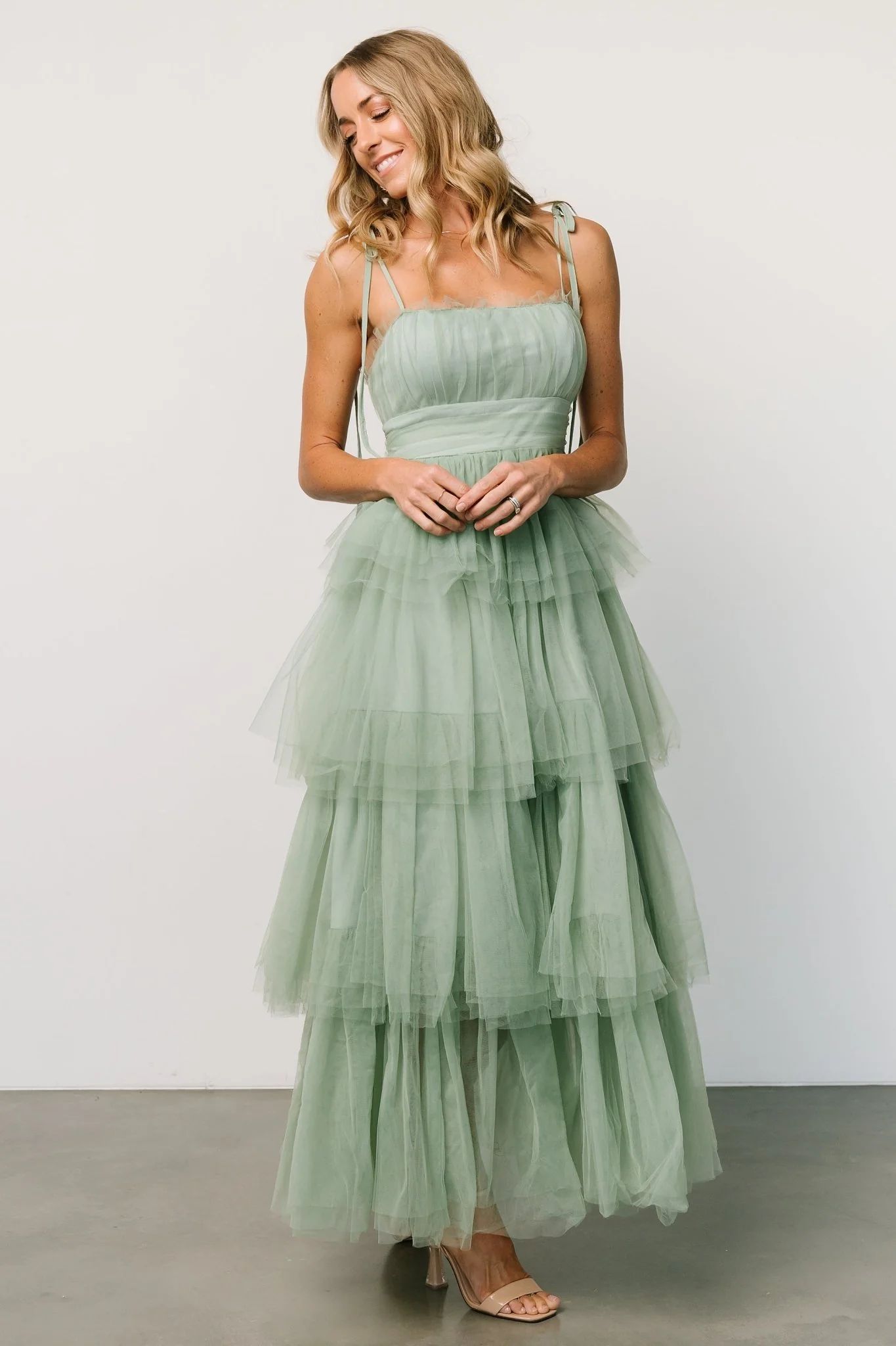 Alora Tulle Tiered Maxi Dress | Sage Green | Baltic Born