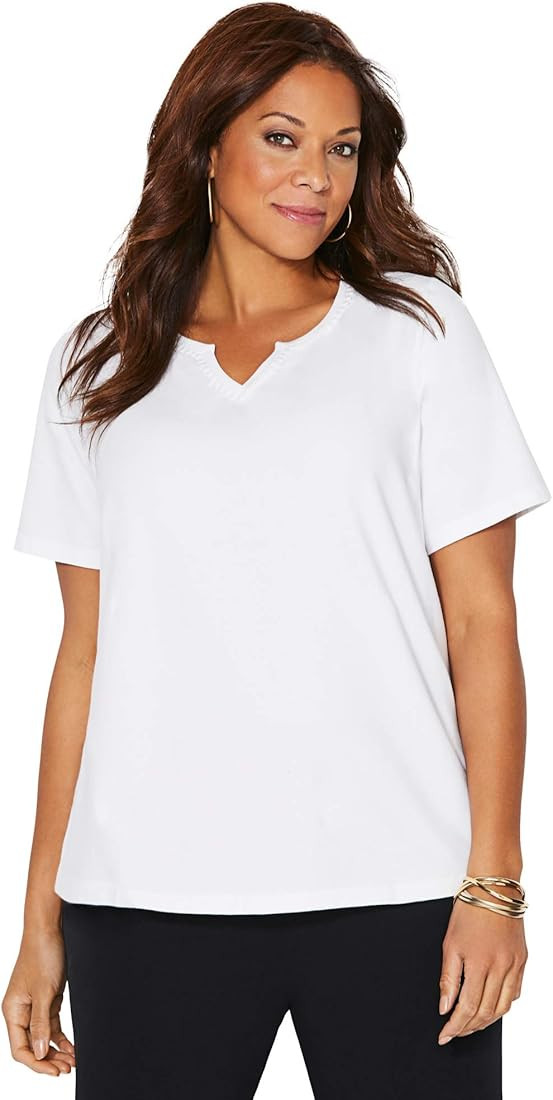 Catherines Women's Plus Size Suprema Embroidered Notch-Neck Tee | Amazon (US)