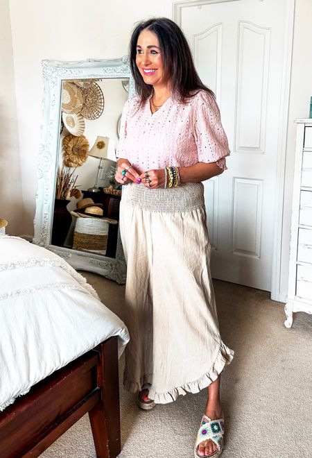 Pink eyelet top wearing a small in both top and pants.
Casual daily look 💕 

Eyelet top// pink top// bohemian style pants

#LTKStyleTip #LTKFindsUnder50